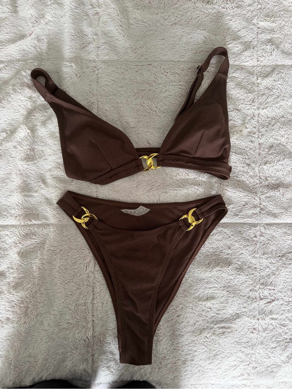 SHEIN Chocolate Brown Ribbed Bikini with Gold Ring Accents